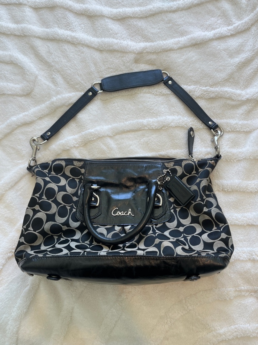 Coach Black Signature Jacquard and Leather Shoulder Bag